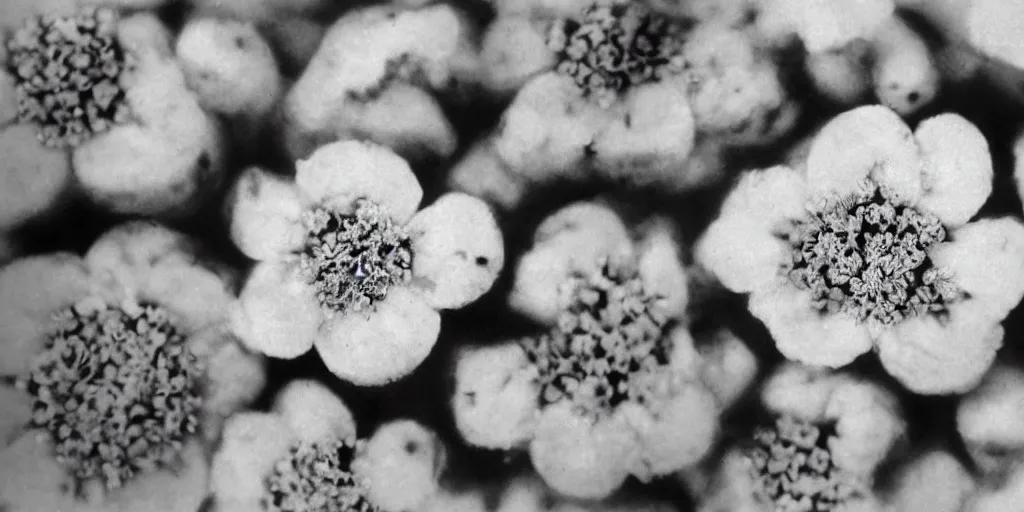 Prompt: close up photography of edelweiss flower made from skulls, 1. 2 f, 3 5 mm, dark, eerie, 1 9 2 0 s ghost photography