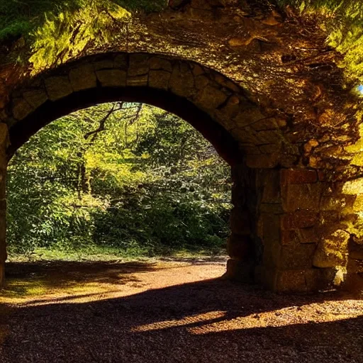 Image similar to woodland path golden hour wide angle. stone archway on the left. inside the archway is a portal to another land with bright sunlight and a seashore. a silhouette of a humanoid stands in the portal, highly textured, adventurous