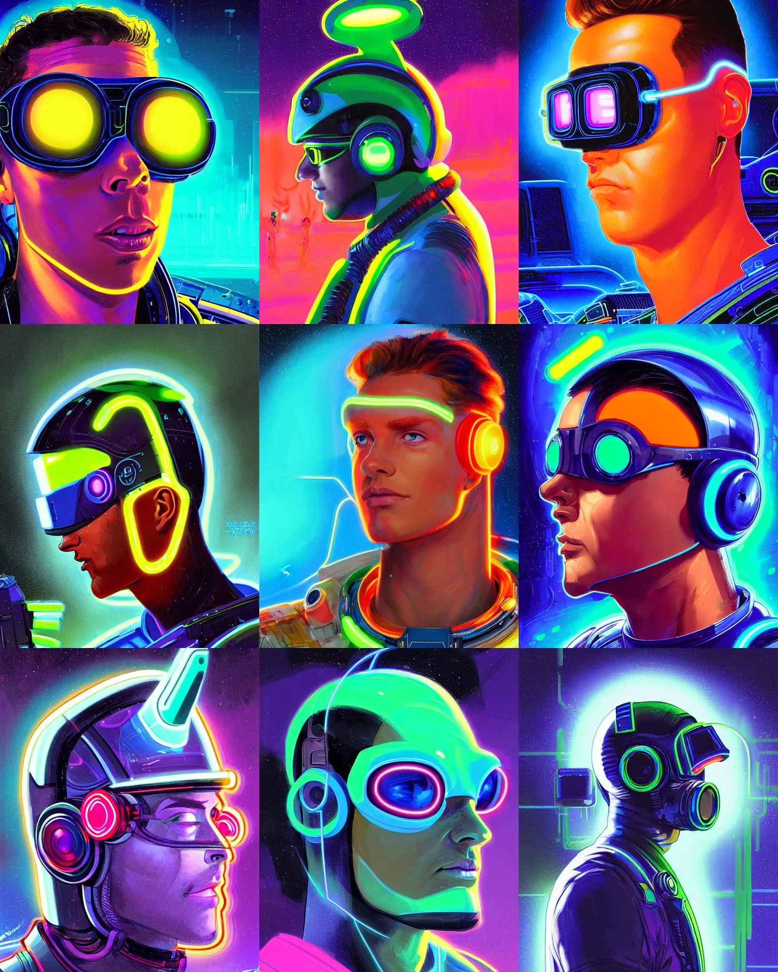 Prompt: bright background, sillouete side view future coder man, sleek cyclops display over eyes and glowing headset, neon accents, holographic colors, desaturated headshot portrait digital painting by charles camoin, ivan bilibin, dean cornwall, donato giancola, john berkey, astronaut cyberpunk electric lights profile