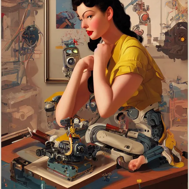 Image similar to robot artist painting a self - portrait on a canvas. intricate, highly detailed, digital matte painting, in the style of sachin teng, and in the style of gil elvgren. irony, recursion, inspiration.