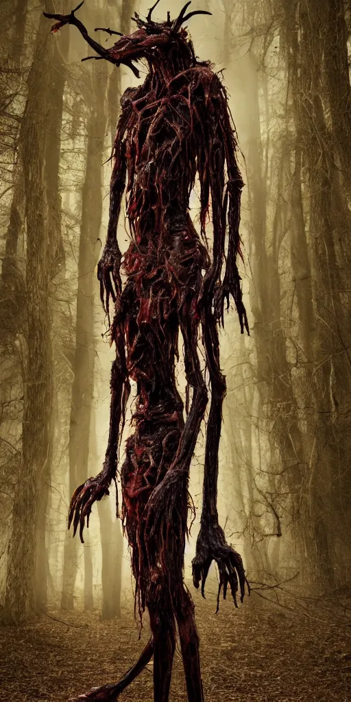 Image similar to photorealistic ultra detailed tall skinny humanoid creature with decomposed skin with fur and blood dripping, the woods, night, extremly detailed, 8 k, realistic, sharp focus, cosmic horror creature, cosmic horror, from the movie the thing, mysterious creature, bloody eyes