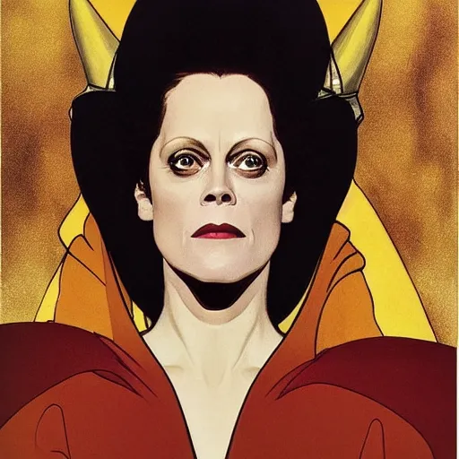 Prompt: portrait by joshua middleton of the actress, sigourney weaver as ming the merciless, archenemy of flash gordon, saviour of the universe, klimt, mucha, 1 9 7 0 s poster,