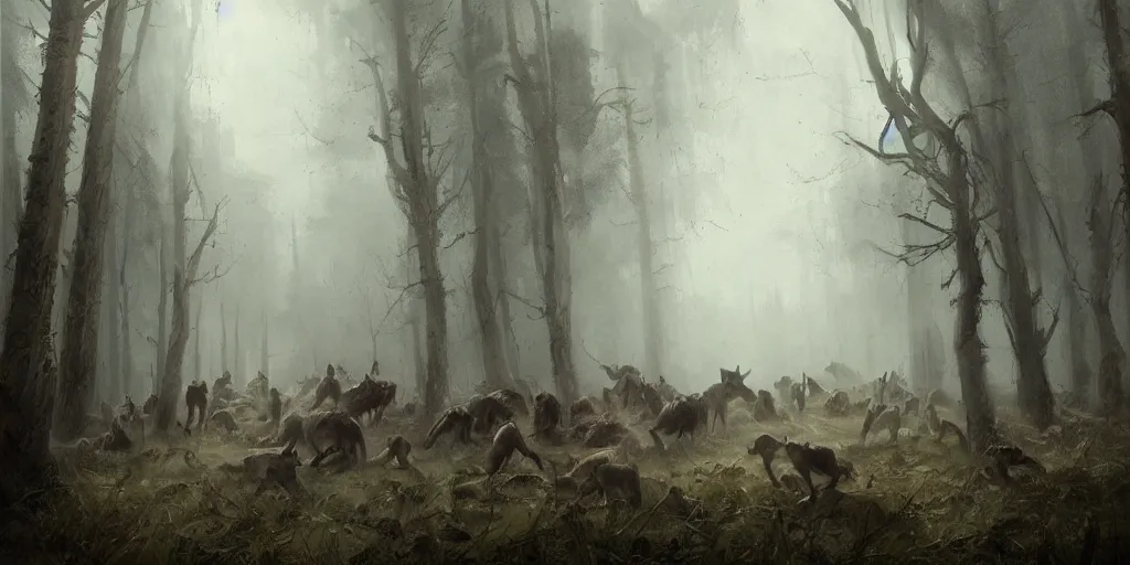 Image similar to a painting of a group of medieval villagers being attacked by wolves in a foggy dense forest by greg rutkowski, dark fantasy art, high detail, trending on artstation