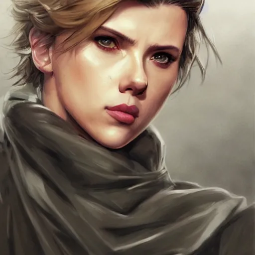 Prompt: solid snake played by by scarlett johansson, face portrait, hd shot, digital portrait, elegant, beautiful, fantasy art, artstation, comic style, by artgerm, guy denning, jakub rozalski, magali villeneuve and charlie bowater