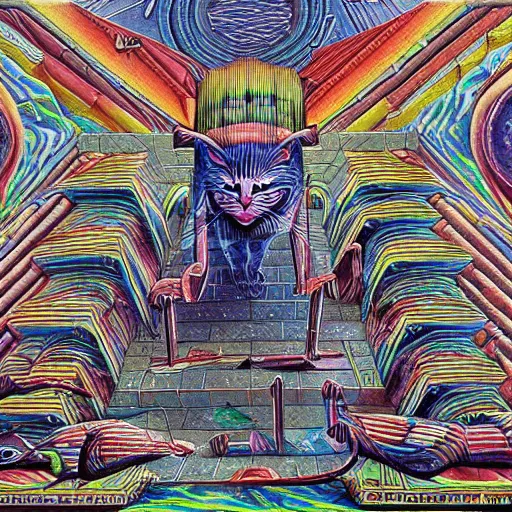 Prompt: cat aliens building the pyramids of giza painting alex grey style