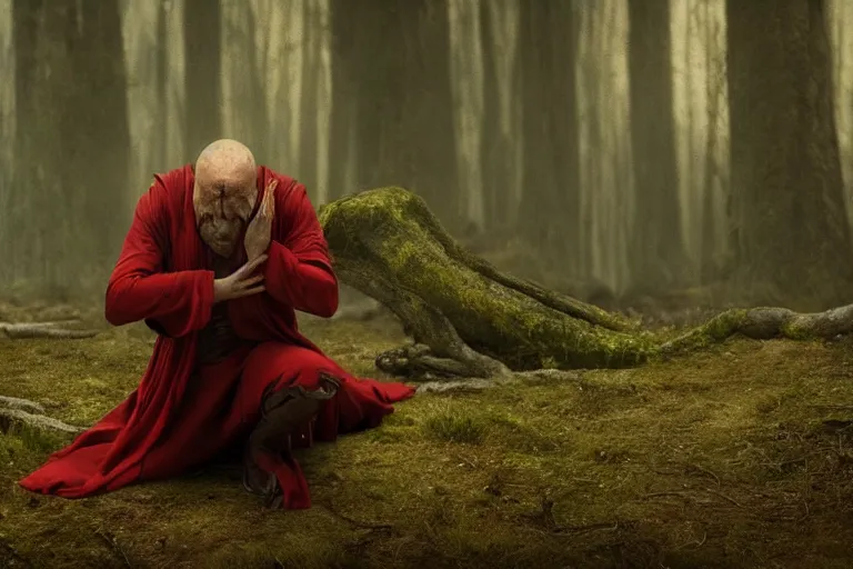 Image similar to still from a fantasy movie, a warlock on his knees crying, looking up, red eyes from crying, forest in the background, muted colors, 8 k, cinematic, very detailed face, hyperrealistic, movie still frame, promotional image, imax 7 0 mm footage