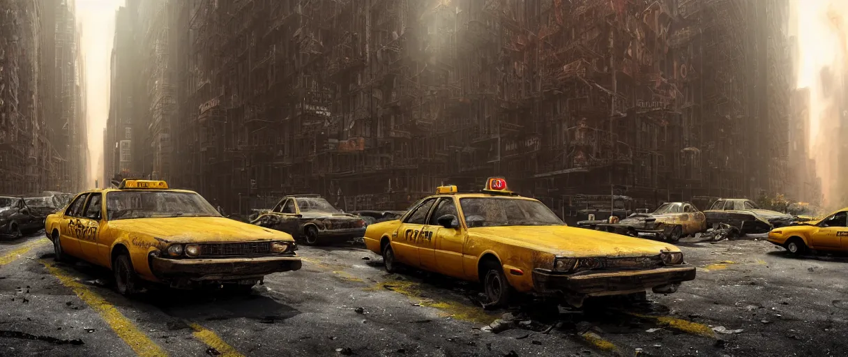 Prompt: A beautiful hyper realistic ultra detailed lifelike matte painting of a close-up front view shot of a scruffy Timber Wolf standing in the middle of a New York City street at night in an abandoned post-apocalyptic New York City with abandoned cars and yellow taxis on fire and crumbling buildings, unreal engine, deviantart, flickr, artstation, octane render, textured, colorful, extreme realistic detail, physically based rendering, pbr render, very detailed, volumetric lighting, detailed lighting, octane render, 4k, cinematic lighting, 8k resolution