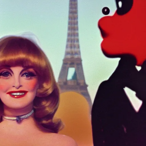 Image similar to 1976 film still glamorous woman photo and her friend, a puppet that looks like Caspar the Friendly Ghost, in front of the eiffel tower, 16mm film live soft color, earth tones and some primary colors 1976, archival footage, in style of doris wishman russ meyer, woman looks like sharon tate