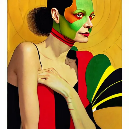 Prompt: art by joshua middleton, a medium shot portrait of the golden creeper, a tall manically smiling yellow - skinned woman with green and black striped cycling shorts and wearing a long red and black striped ostrich feather boa, the actress thandie newton, yellow makeup, mucha, kandinsky, poster, art deco motifs, comic art, stylised design, scarlet feather boa