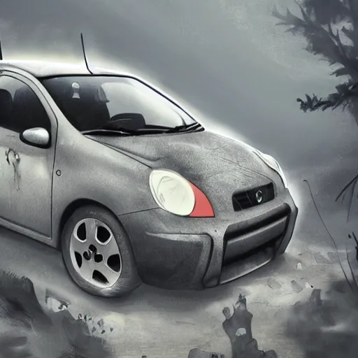 Image similar to a 2010 grey Nissan Micra in a post-apocalyptic environment, trending on ArtStation