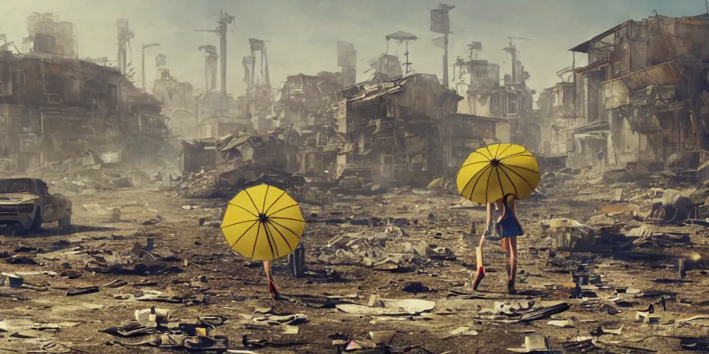 Image similar to incredible wide screenshot, ultrawide, simple watercolor, rough paper texture, backlit distant shot of girl in a parka running from a giant robot invasion side view, yellow parasol in deserted dusty junk town, broken vending machines