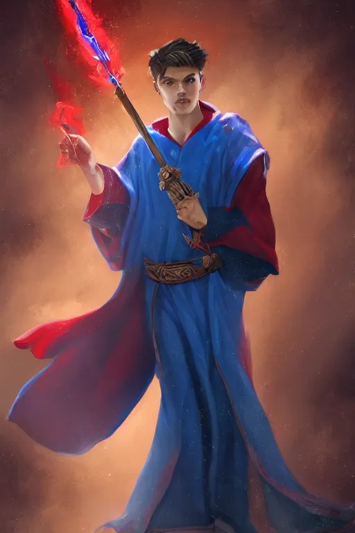 Image similar to Picture of handsome young wizard, Red and blue robes, short dark blue hair, book in hand, no hat, casting pose, artstationHQ, artstationHD, trending in artstation, gelbooru, high fantasy, matte painting, colorful