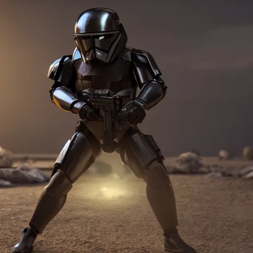 Image similar to a black armored stormtrooper, 8 k, cinematic lighting, shallow depth of field, raytracing,