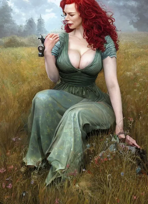 Image similar to Christina Hendricks taking a rest in a meadow after an long adventure, a ruggedly muscled handsome heroine, intricate, elegant, highly detailed, centered, digital painting, artstation, concept art, smooth, sharp focus, illustration, artgerm, donato giancola, Joseph Christian Leyendecker, WLOP, Artgerm, thunder storm