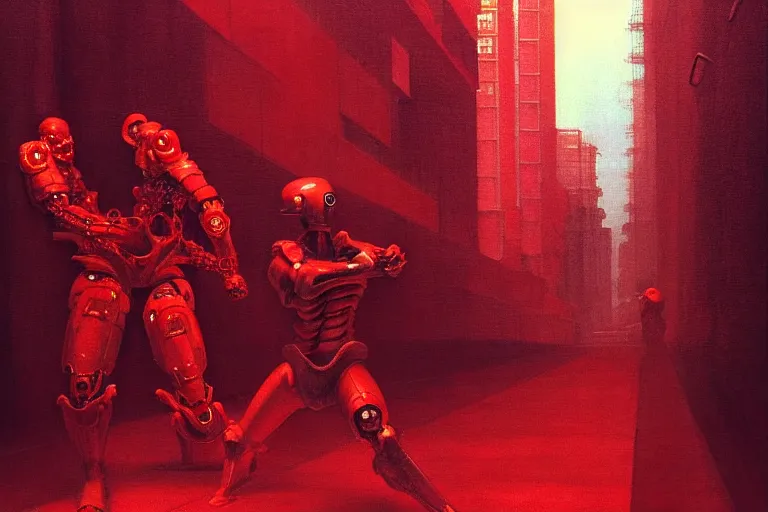 Image similar to only with red, a red cyborg samurai, tokio futuristic in background, some evil yokai fight, in the style of beksinski, parts by edward hopper, parts by rodcenko, parts by yue minjun, intricate and epic composition, red by caravaggio, insanely quality, highly detailed, masterpiece, red light, artstation, 4 k