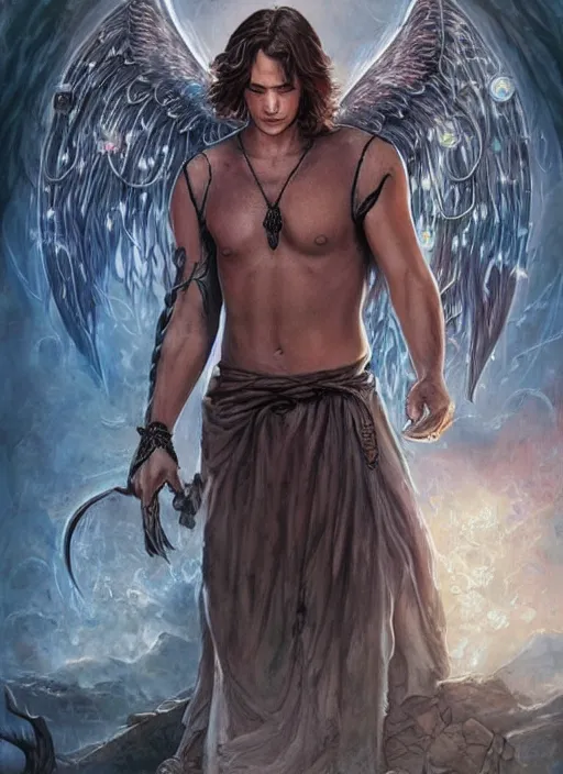 Image similar to Sam Winchester as an angel with religious tattoos on chest and neck, with glowing runes on the body, grimdark book cover style, D&D dark fantasy style, sharp focus, ultra detailed, art by Artgerm and Peter Andrew Jones, Ayami Kojima, Amano and Olivier Ledroit