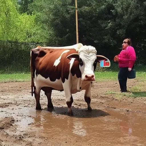 Prompt: person in a cow costume, stuck in mud, craigslist photo