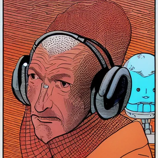 Image similar to drawn in the style of jean giraud!! moebius!! rackham the red wearing headphones and speaking into big microphone, podcast studio