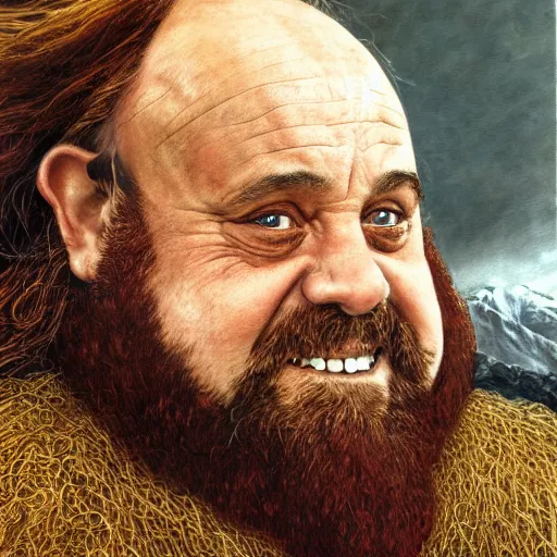 Image similar to portrait of danny devito as gimli, by alan lee, lord of the rings calendar, smooth, detailed terrain, oil painting, matte painting, concept art, trending on artstation