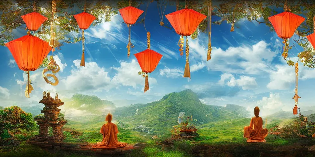 Image similar to wind deity enjoying the view from his stone heavenly palace, decorated with windchimes and paper lanterns, stunning nature and clouds in background, digital art, detailed