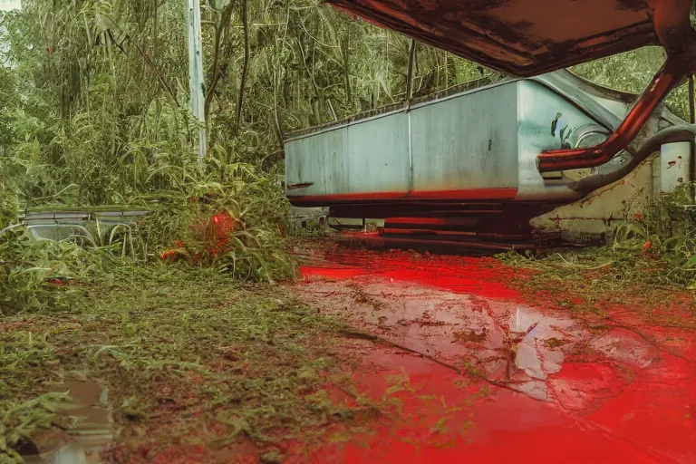 Image similar to Film still of a brightly lit bridge on a space ship, metal, floor grills, ventilation shafts, dusty, orange and red lighting, burning fire, water dripping, puddles, wet floor, rust, decay, green vines, overgrown, tropical, Cinestill colour cinematography, anamorphic