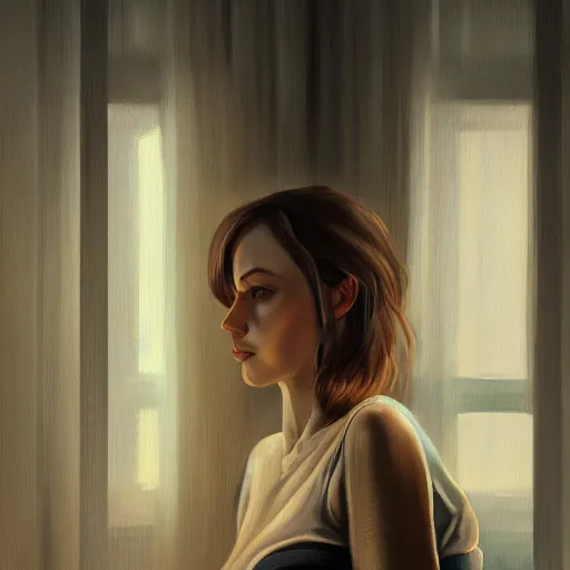 Image similar to oil painting of a beautiful woman in a cozy, comfort home, dimly lit, modern apartment, city from the window, insanely detailed, artstation, digital painting, cinematic lighting