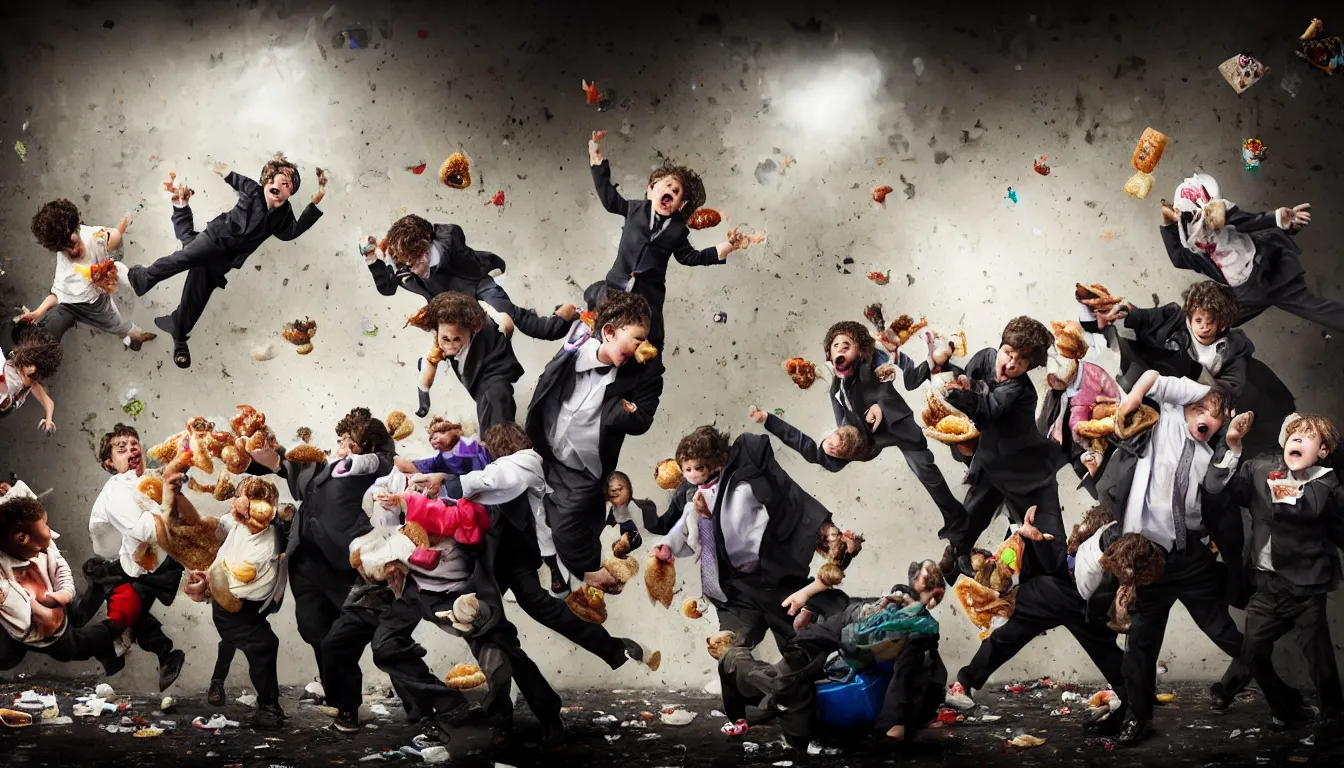 Prompt: disheveled children in rags and obese men in suits fighting in a squalid subway over piles half eaten fast food money floating in the air, hyper realistic photo, full colour, upscale, 8 k, masterpiece,