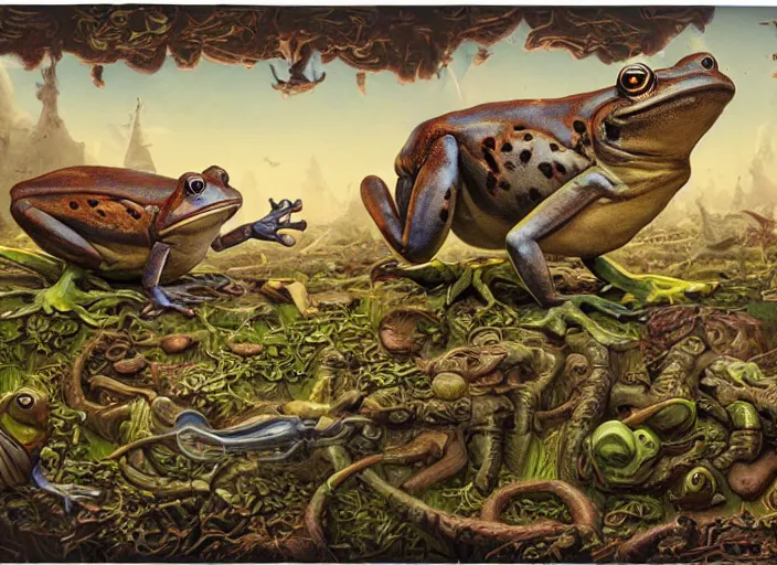Image similar to frogs and mice, lowbrow, matte painting, 3 - d highly detailed, style of greg simkins r,