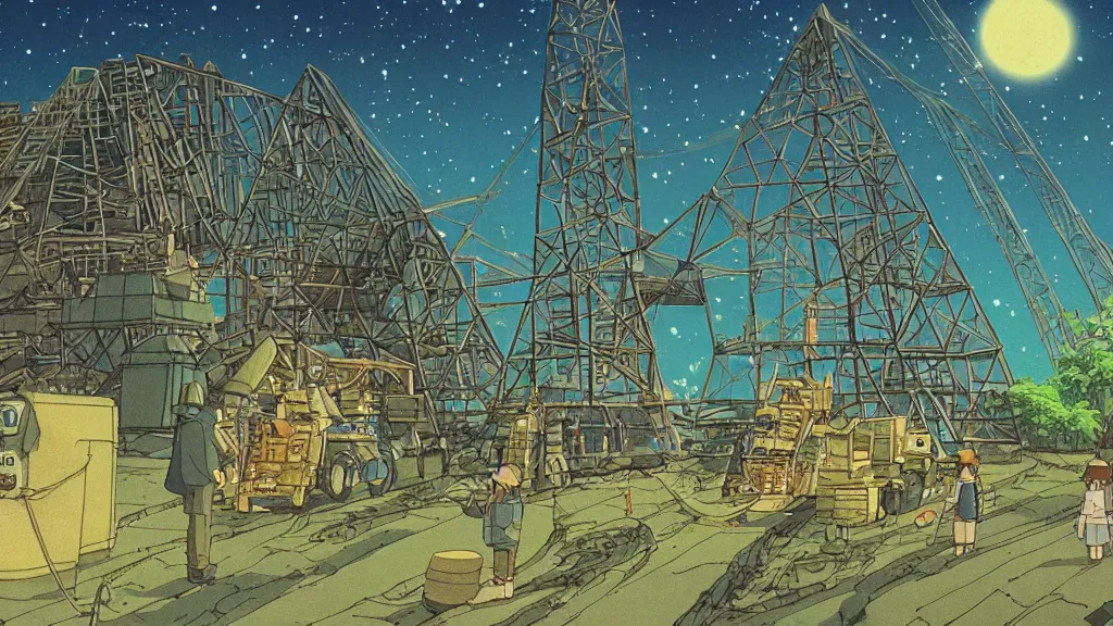 Image similar to a movie still from a studio ghibli film showing a huge industrial mining facility. a pyramid is under construction in the background, in the rainforest on a misty and starry night. by studio ghibli