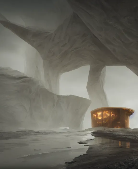 Prompt: surreal romantic prometheus inverted architecture white exploration base, ochre ancient palette, building architecture by ruan jia, futuristic, blame, white architecture in the beach in iceland, foggy, highly detailed, digital painting, arstation, concept art, hyperealistic octane render, unreal engine