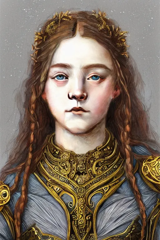 Image similar to a head and torso art nouveau portrait of a 16-year old girl who resembles Saoirse Ronan and Anya Taylor Joy with a worried, intense gaze, ornate intricate golden battle armor, intricate, elegant, highly detailed, digital painting, artstation, concept art, smooth, sharp focus, illustration, art by John William Waterhouse and Bouguereau and Donato Giancola and alphonse mucha