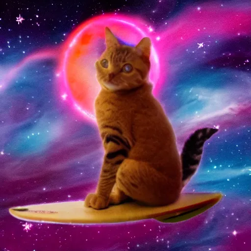 Prompt: A catgirl surfing through the magnificent nebula