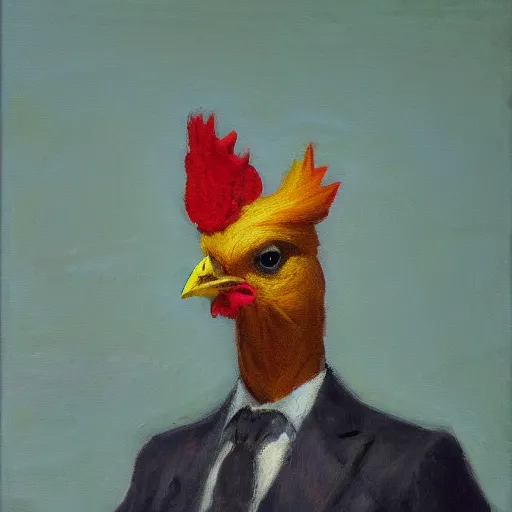 Image similar to a high quality photo of a chicken wearing a suit, Impressionism, 8k