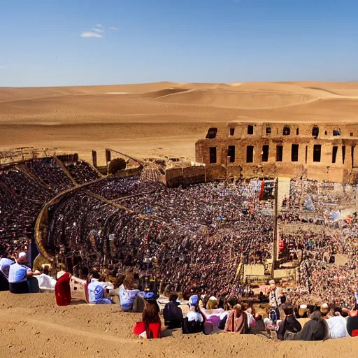 Prompt: anthropomorphic gladiators arena fighting for life with a crowd of spectators, duunes desert