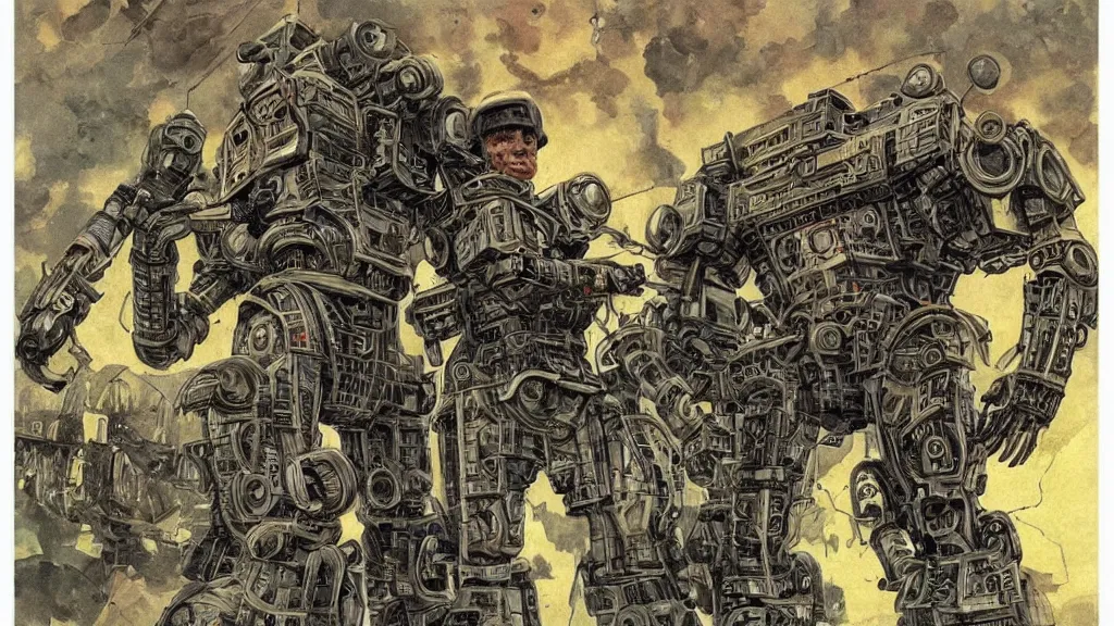 Image similar to Soviet mechs in the style of Norman Rockwell, sci-fi illustrations, highly detailed, intricate, photorealistic, award-winning, patriotic, soviet, ussr, dark, gritty, ink