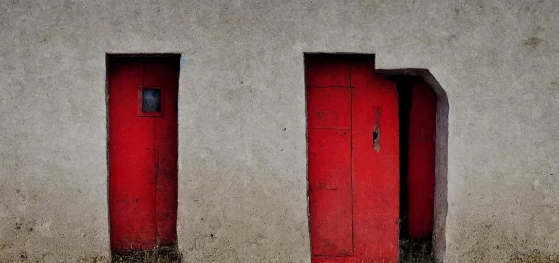 Image similar to red door standing in wasteland in style of zdzisław beksinski