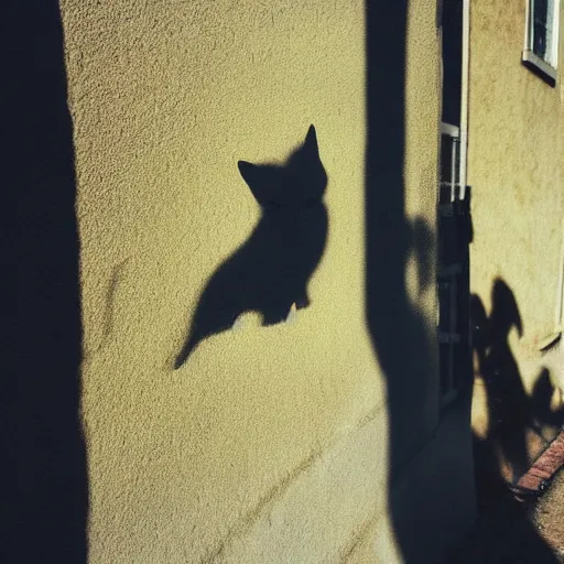 Prompt: medium - shot of a blurry shadow!! of a cat!! only cat shadow! at the wall in the street, colours, polaroid photo