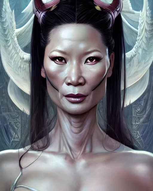 Prompt: beautiful gemini fantasy character portrait, old lucy liu kill bill, ultra realistic, wide angle, intricate details, blank background, highly detailed by peter mohrbacher, hajime sorayama, wayne barlowe, boris vallejo, aaron horkey, gaston bussiere, craig mullins