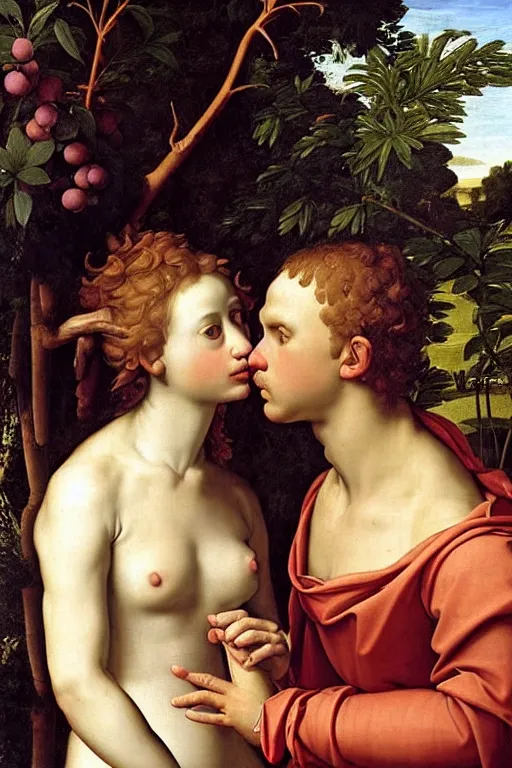 Prompt: renaissance painting of pair in the garden, closeup, interest face, emotions closeup, dressed in roman armour, the beautiful garden with thorn branches everywhere, ultra detailed, art by Guido Reni style, Vincenzo Catena style