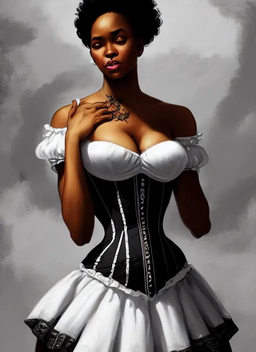 Image similar to cute black woman wearing a white corset dress, fantasy, intricate, highly detailed, digital painting, artstation, concept art, wallpaper, smooth, sharp focus, illustration, art by artgerm and greg rutkowski and alphonse mucha