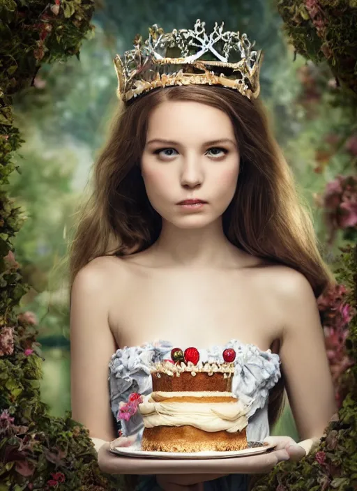 Image similar to closeup face profile portrait of a fairytale princess wearing a crown eating cakes in the castle, bikini, depth of field, zeiss lens, detailed, symmetrical, centered, fashion photoshoot, by nicoletta ceccoli, mark ryden, lostfish, breathtaking, 8 k resolution, extremely detailed, beautiful, establishing shot, artistic, hyperrealistic, octane render