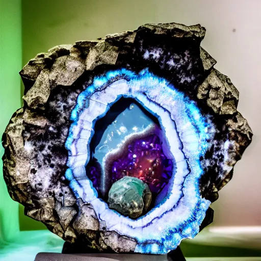 Image similar to photography of a geode with a a small body of an alien skellet inside it