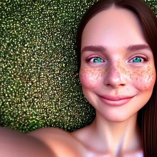 Prompt: beautiful hyperrealism selfie of a cute 3 d young woman smiling softly, long light bronze brown hair, cute freckles, flushed face, red blush, small heart - shaped face, soft features, emerald green eyes, golden hour, 8 k, sharp focus, instagram