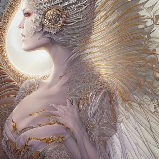 Image similar to a beautiful woman wearing a white dress made of silk with golden ornaments and diamonds jewelry by alex gray and android jones , Karol Bak, Ayami Kojima, Amano , concept art, character design, fantasy,3D, 8k resolution