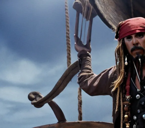 Prompt: still of davy jones playing basketball, pirates of the caribbean screenshot, movie still, photorealistic, cinematic lighting, daylight, deck of the ship, clean composition