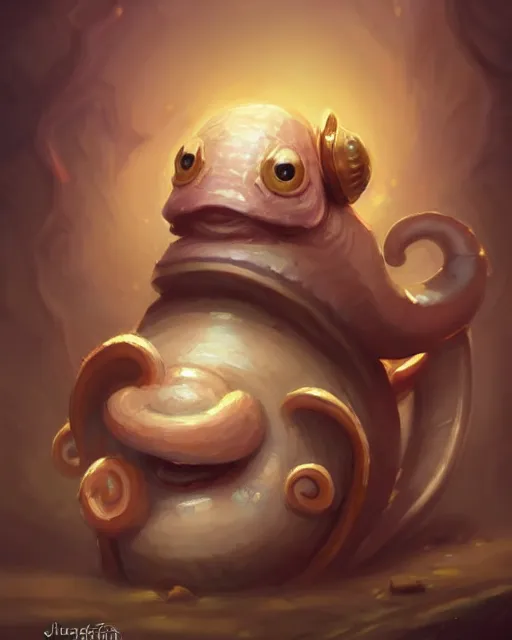 Image similar to cute little anthropomorphic snail cute and adorable, pretty, beautiful, dnd character art portrait, matte fantasy painting, deviantart artstation, by jason felix by steve argyle by tyler jacobson by peter mohrbacher, cinema