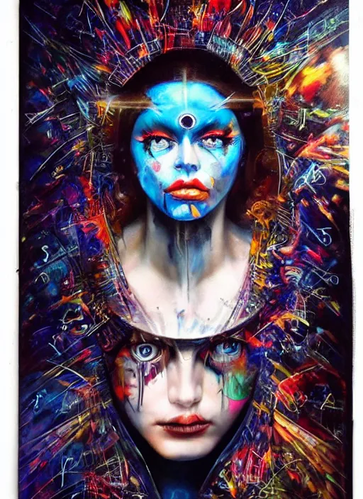 Image similar to magic cult psychic woman, fashion model photoshoot scene, third eye, subjective consciousness psychedelic, epic surrealism expressionism symbolism, story telling, iconic, dark robed, oil painting, symmetrical face, dark myth mythos, by Sandra Chevrier, Noriyoshi Ohrai masterpiece