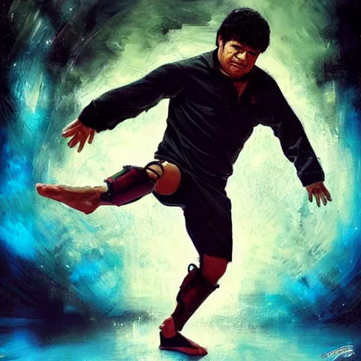 Prompt: stunning portrait of Diego Maradona playing Capoeira, painting by Raymond Swanland, cyberpunk, sci-fi cybernetic implants hq