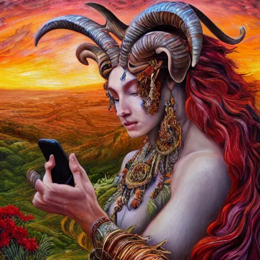 Image similar to painting by senior concept artist josephine wall, horned ram goddess checking her cell phone, erupting volcano and sunset in distance in background, flowers in foreground, zodiac, fantasy, acrylic on canvas, intricately detailed, highly detailed, high resolution, hdr, 8 k, trending on artstation