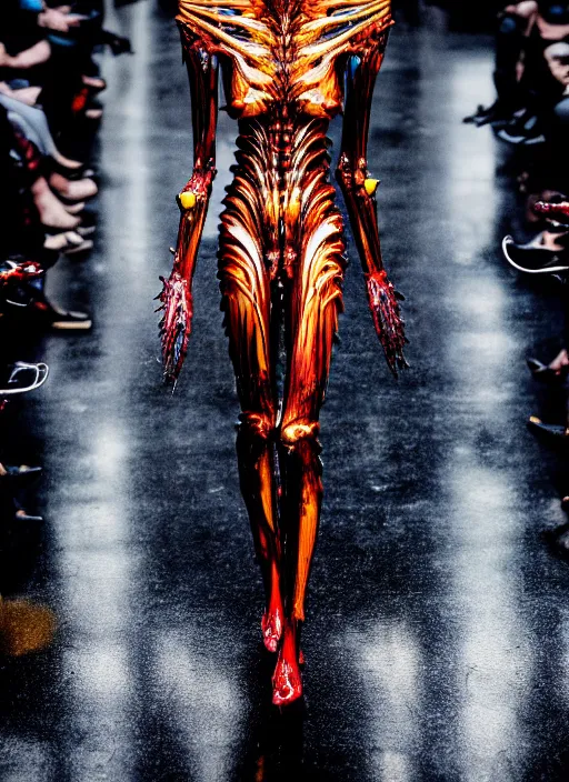 Image similar to walking down the catwalk, ben watts, show, stage, vogue photo, podium, fashion show photo, iris van herpen, beautiful woman, full body shot, helmet on face, masterpiece, plant predator, giger, guyver, jellyfish, biomechanical details, movie still, fauvism, cinestill, bokeh, gelios lens